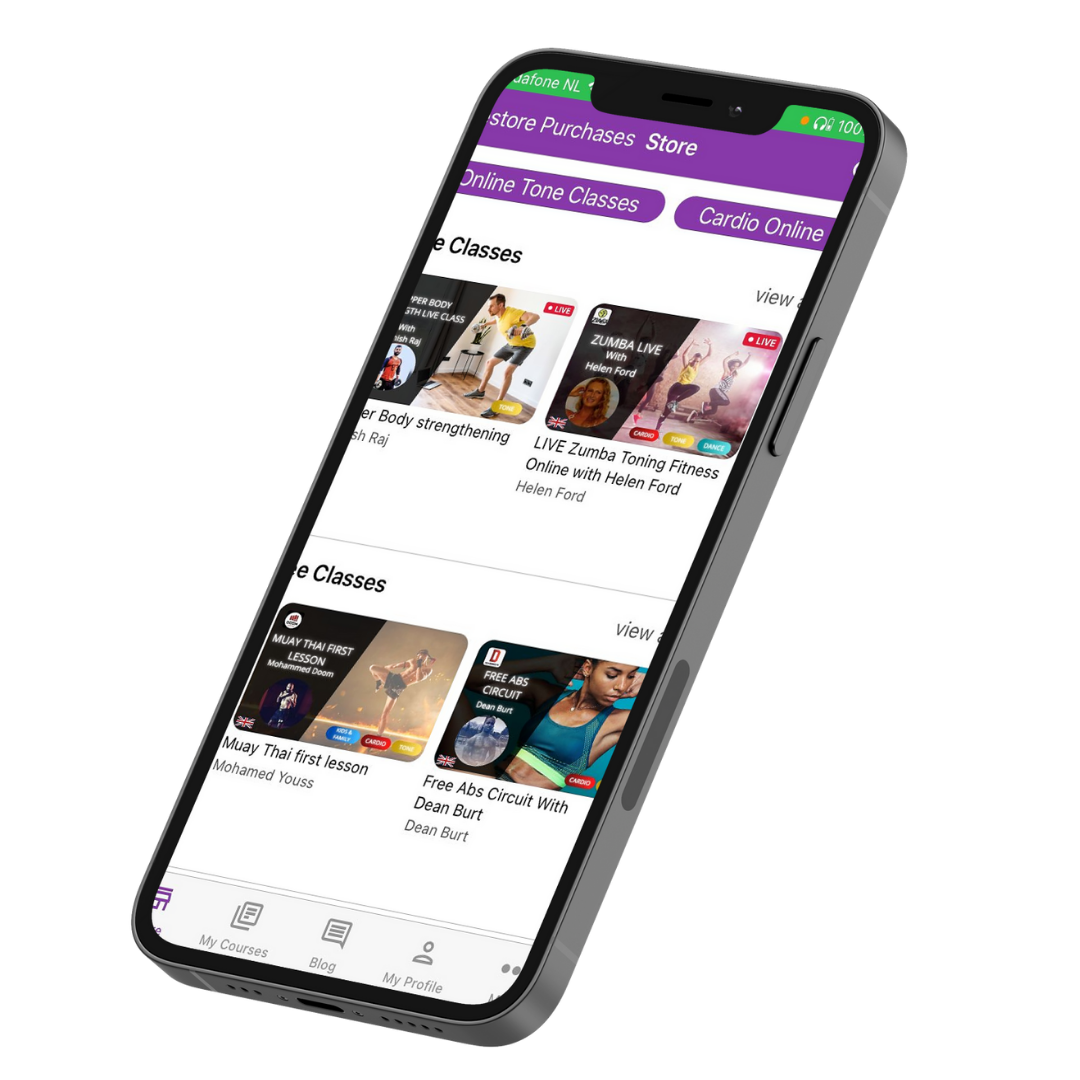 android phone with Fit4Mii fitness classes on the screen 